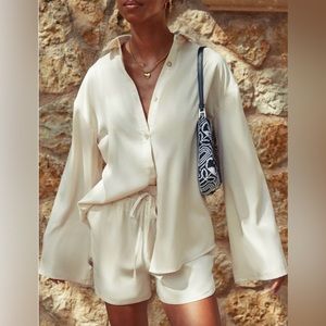 Bell Sleeve Satin Button Down
